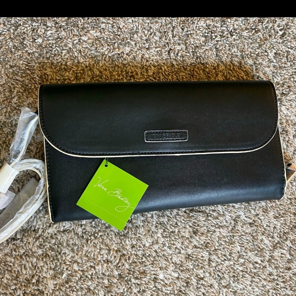 Vera Bradly Faux Leather Flap Clutch/Shoulder Bag Black NWT